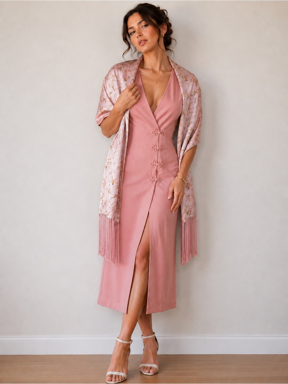 Vtge Maggy London Pink Wrap Midi Dress Asian Floral Cottagecore Romantic Chic